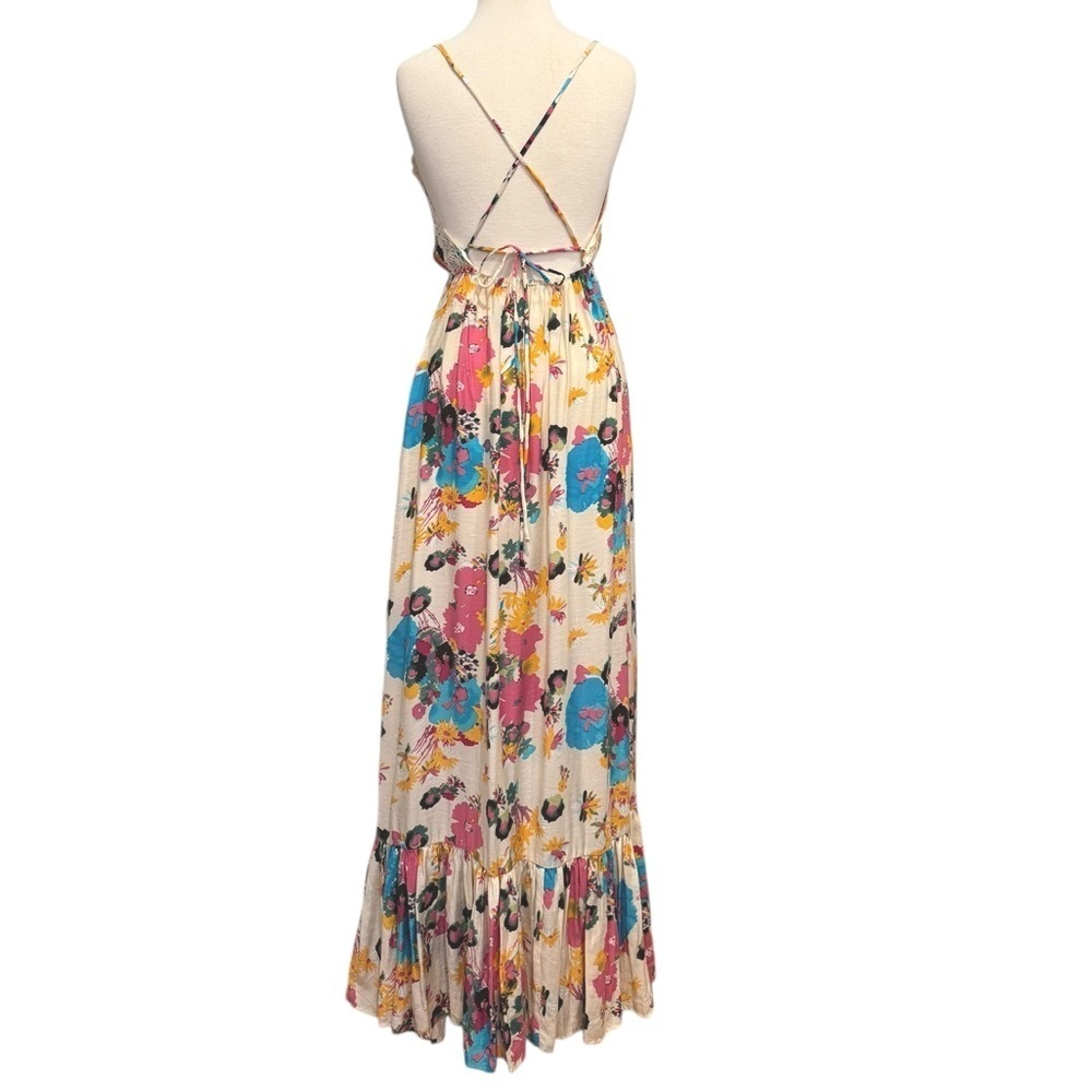 Meghan LA Floral Summer Maxi Dress Strappy Backless Lace Trim Boho Size Small - Picture 5 of 10